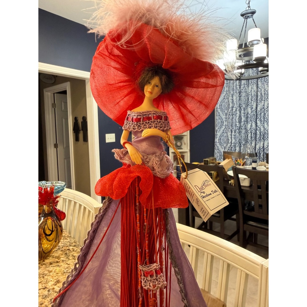 Duck House Heirloom Doll Red Purple Lace Fringe Feather Hat Vintage Style Decor